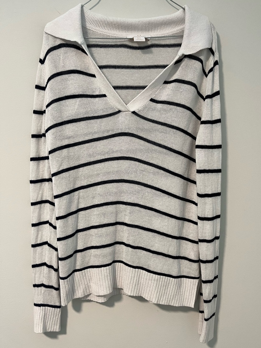 H by Halston Striped V-Neck Collared Sweater Linen Blend NWOT
